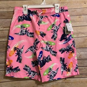 Lands End Boys Swim Trunks XL 14 16 Pink With Surfing Dinosaurs NEW